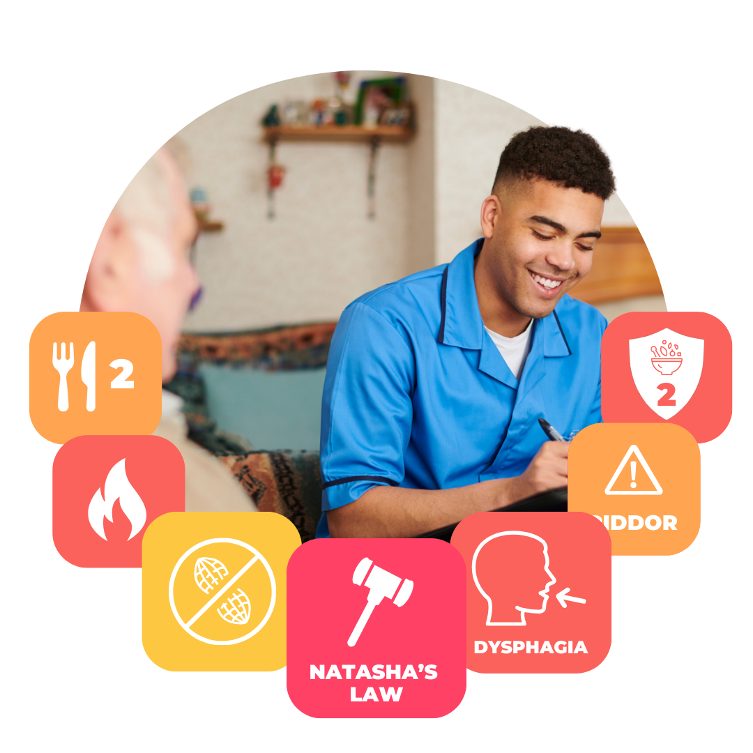 Visual graphic promoting the Care Home Full Safety Training Bundle, featuring icons representing key topics including Allergen Awareness, Natasha's Law, Fire Safety Basics, Health & Safety Level 2, HACCP Level 2, RIDDOR for Employers, and Dysphagia Awareness.