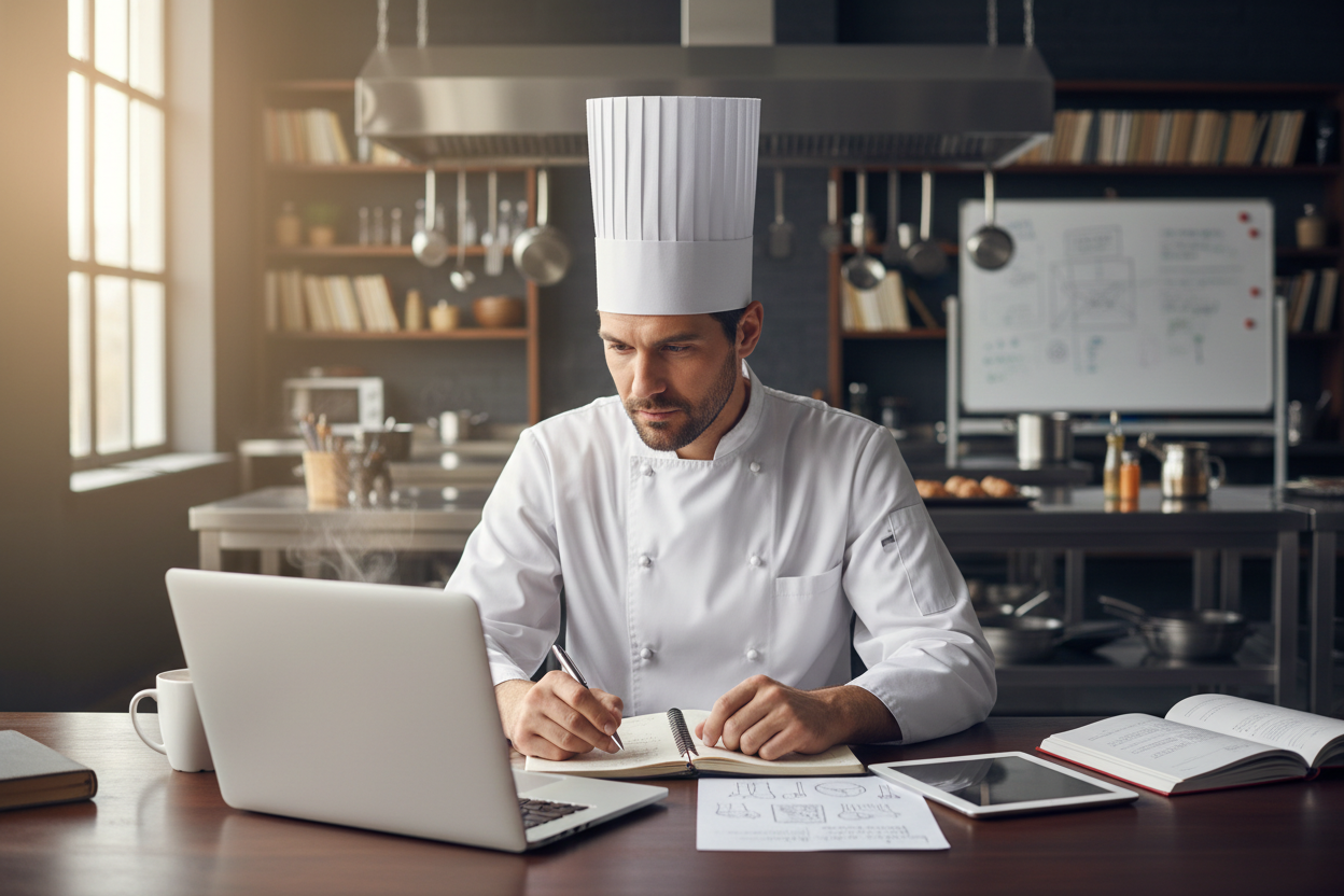 head chef at a laptop doing training from the viewpoint of from the bac of the laptopn so the creen can't be seen