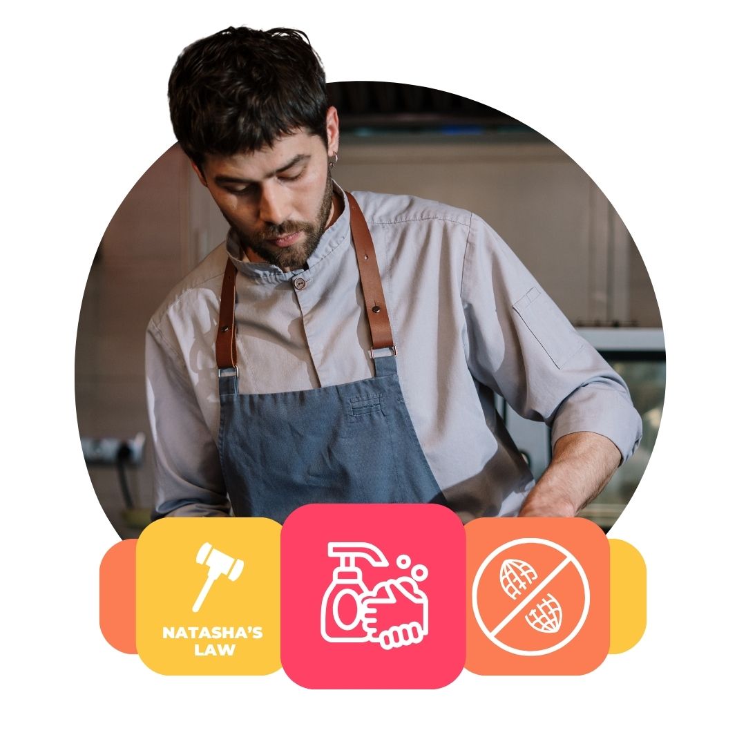 Graphic for the Kitchen Safety Training Bundle, featuring icons for key training topics: Food Safety Level 2, Health & Safety in Catering Level 2, Allergen Awareness, Natasha’s Law, and HACCP for Caterers Level 2.